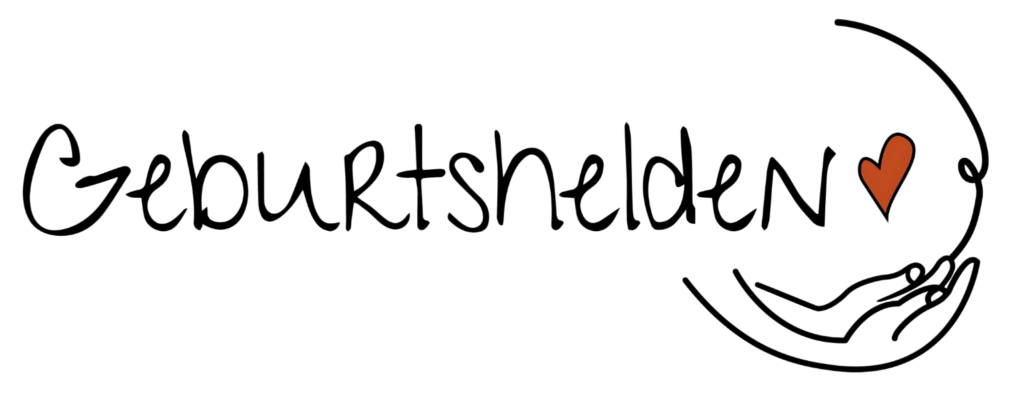 Das Logo von „Geburtshelden“ besteht aus kursivem Text mit einem roten Herz und einer Illustration von Händen in einem Kreis. Perfekt für die Kopfzeile Ihrer Website, um wichtige Inhalte hervorzuheben und SEO-Schlüsselwörter zu fördern.