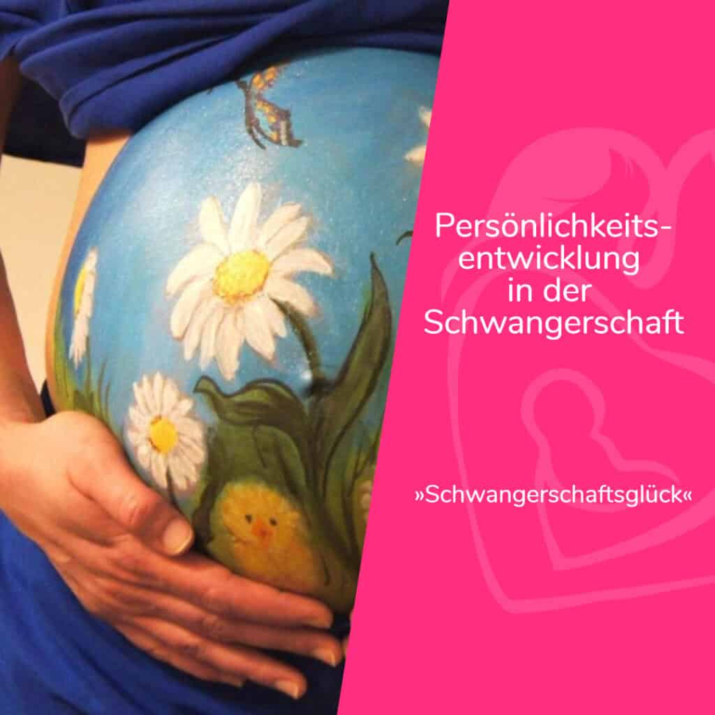 Eine schwangere Person streicht sanft über ihren Bauch, auf dem Gänseblümchen und ein Küken abgebildet sind. Vor dem rosa Hintergrund ist ein deutschsprachiger Text über Persönlichkeitsentwicklung während der Schwangerschaft und Beratung bei Geburtstrauma zu lesen.