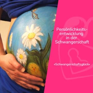 Eine schwangere Person streicht sanft über ihren Bauch, auf dem Gänseblümchen und ein Küken abgebildet sind. Vor dem rosa Hintergrund ist ein deutschsprachiger Text über Persönlichkeitsentwicklung während der Schwangerschaft und Beratung bei Geburtstrauma zu lesen.