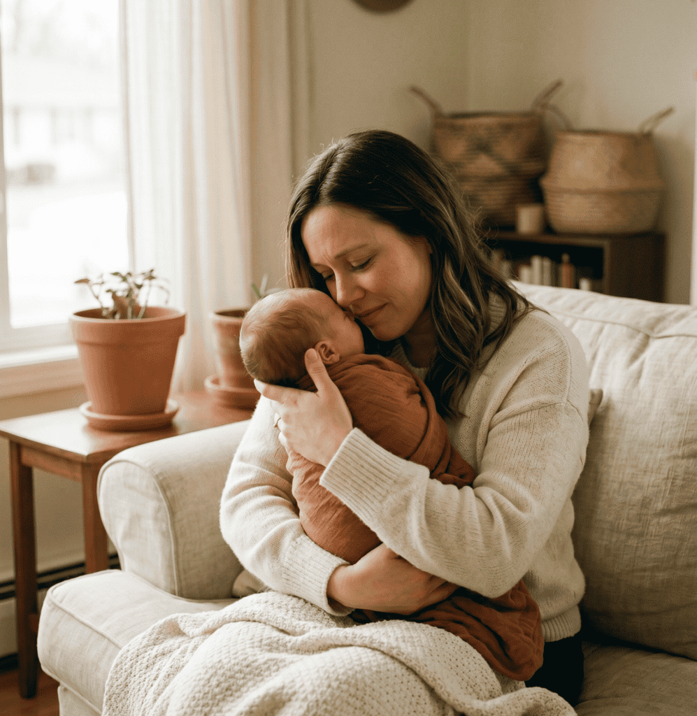 A woman holding a newborn baby on a cozy sofa in a warm home setting.