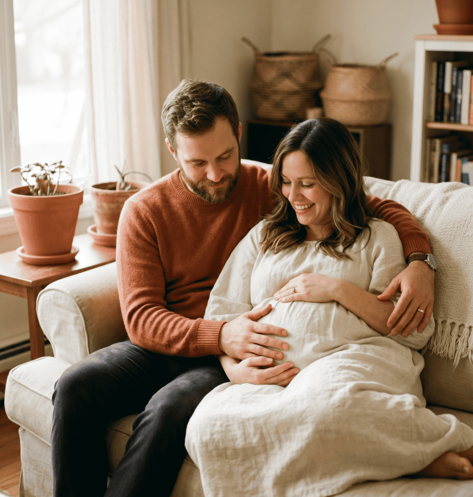 A woman in labor with her partner supporting her at home, preparing for childbirth.