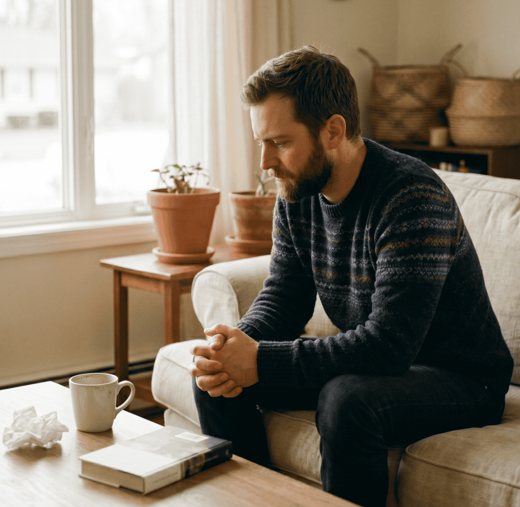 Man sitting on sofa with a cup of tea, looking thoughtful at home.