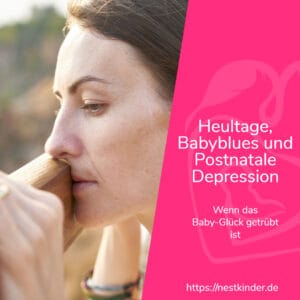Eine nachdenklich blickende Frau stützt ihr Gesicht auf die Hand. Auf dem Bild finden sich Informationen zum Baby-Blues und zur postnatalen Depression sowie Hinweise auf die Bedeutung von Beratung bei Geburtstraumata und Online-Unterstützung für Mütter.