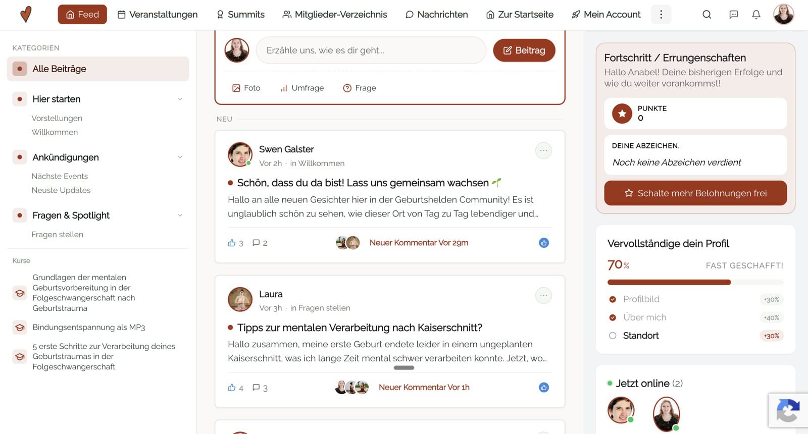 Screenshot der Geburtshelden Community: Feed mit Beitraegen und Fortschrittsanzeige